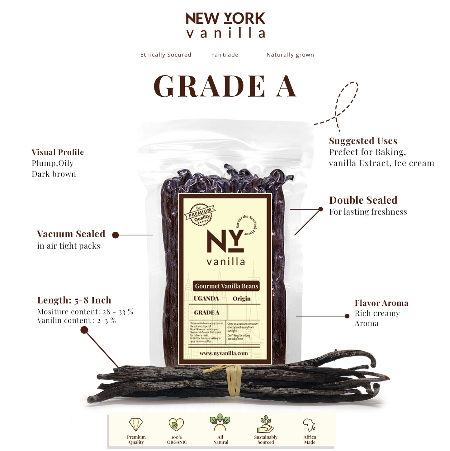 25 Grade A Vanilla Beans, 5" - 8" Premium Gourmet Vanilla.