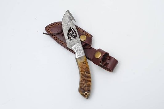 Wire-Cut Damascus Guthook Knife with Ram Horn Handle
