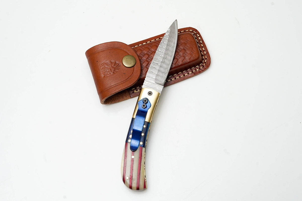 Patriotic American Flag Folding Knife | Hand-Forged Damascus