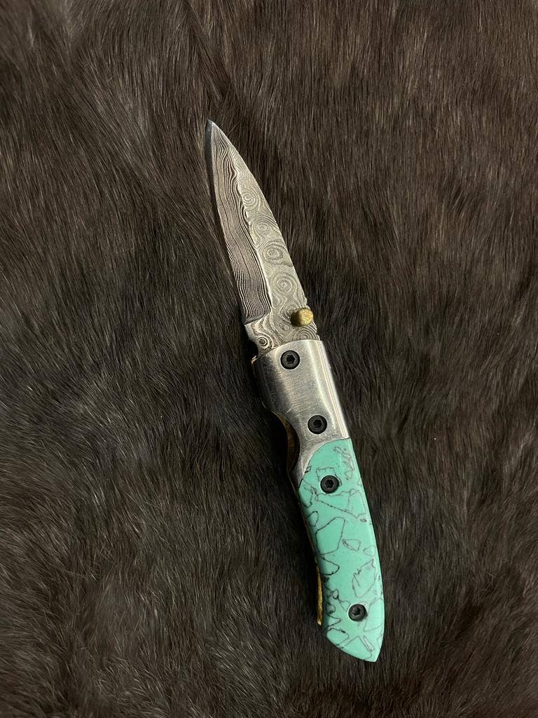 AzureGlide Damascus Steel Turquoise (Resin) Pocket Knife