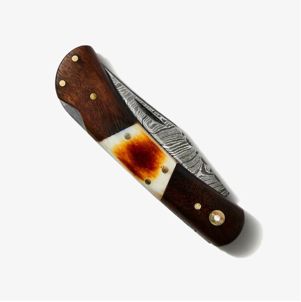 Walnut & Torched Bone Damascus Pocket Knife