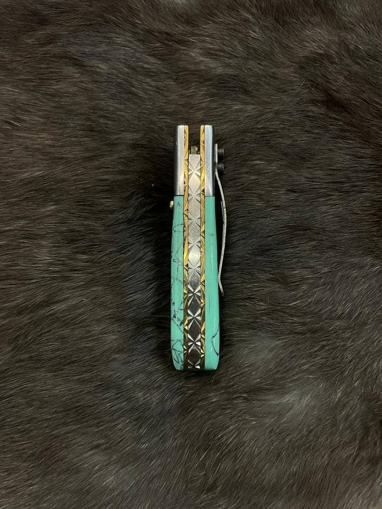 AzureGlide Damascus Steel Turquoise (Resin) Pocket Knife