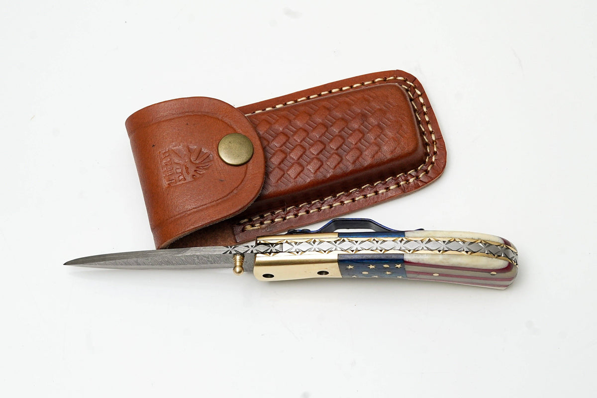 Patriotic American Flag Folding Knife | Hand-Forged Damascus