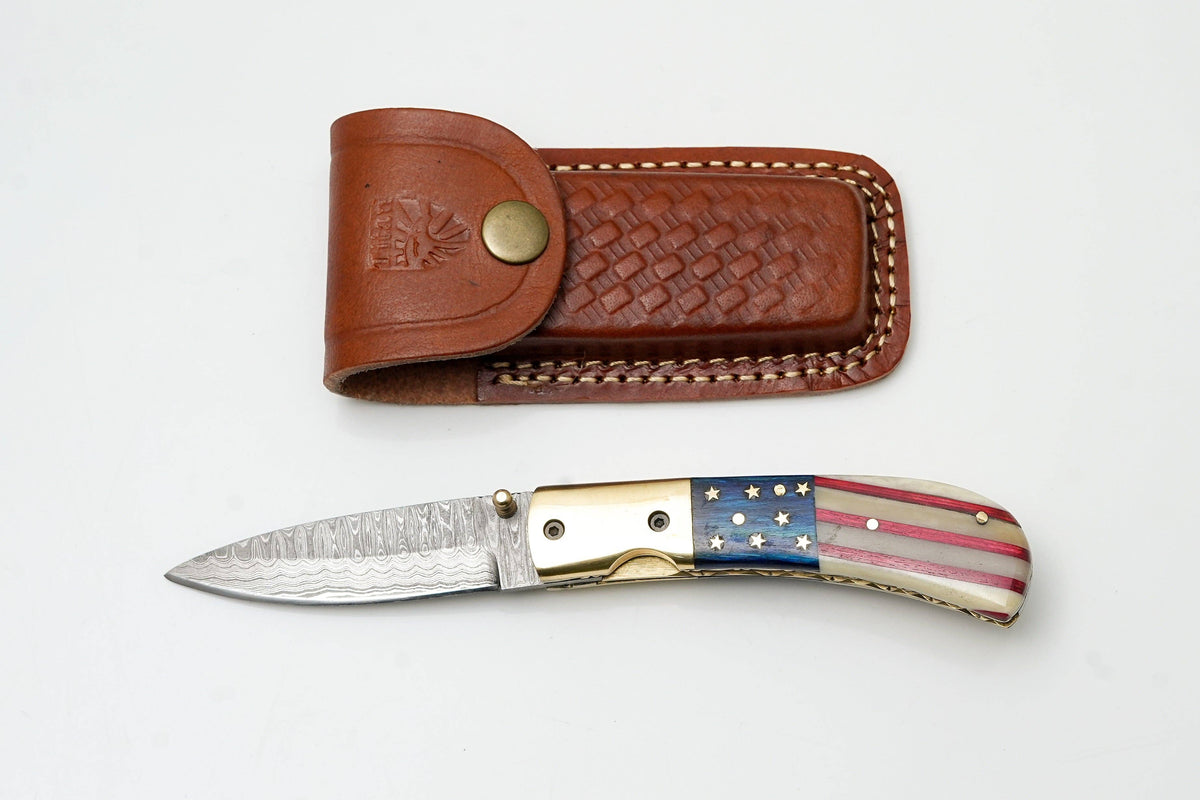 Patriotic American Flag Folding Knife | Hand-Forged Damascus
