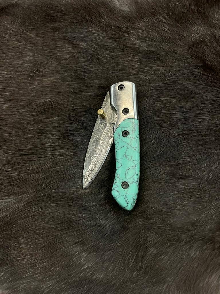 AzureGlide Damascus Steel Turquoise (Resin) Pocket Knife